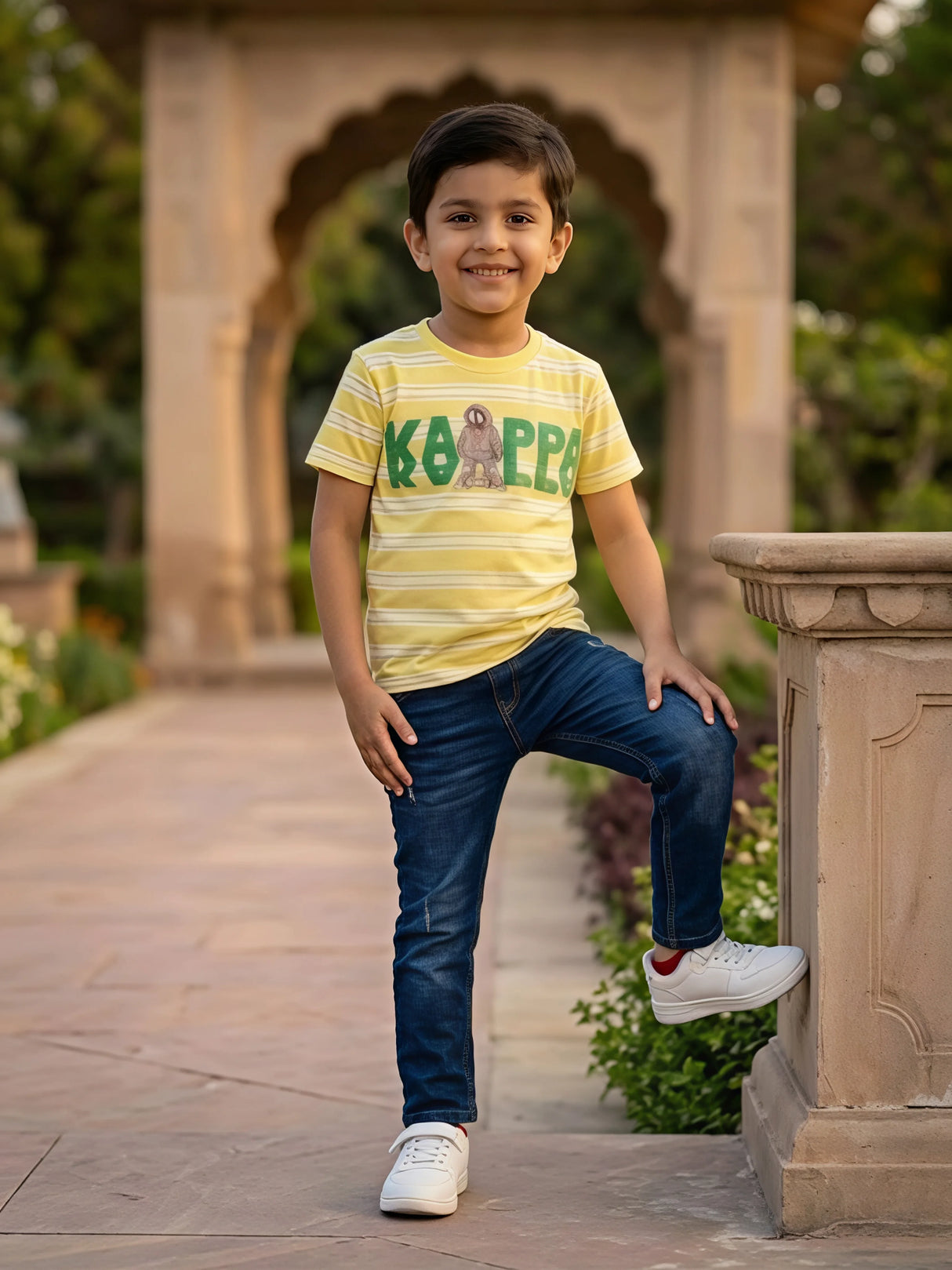 Boys Yellow Striped Graphic Cotton T-Shirt