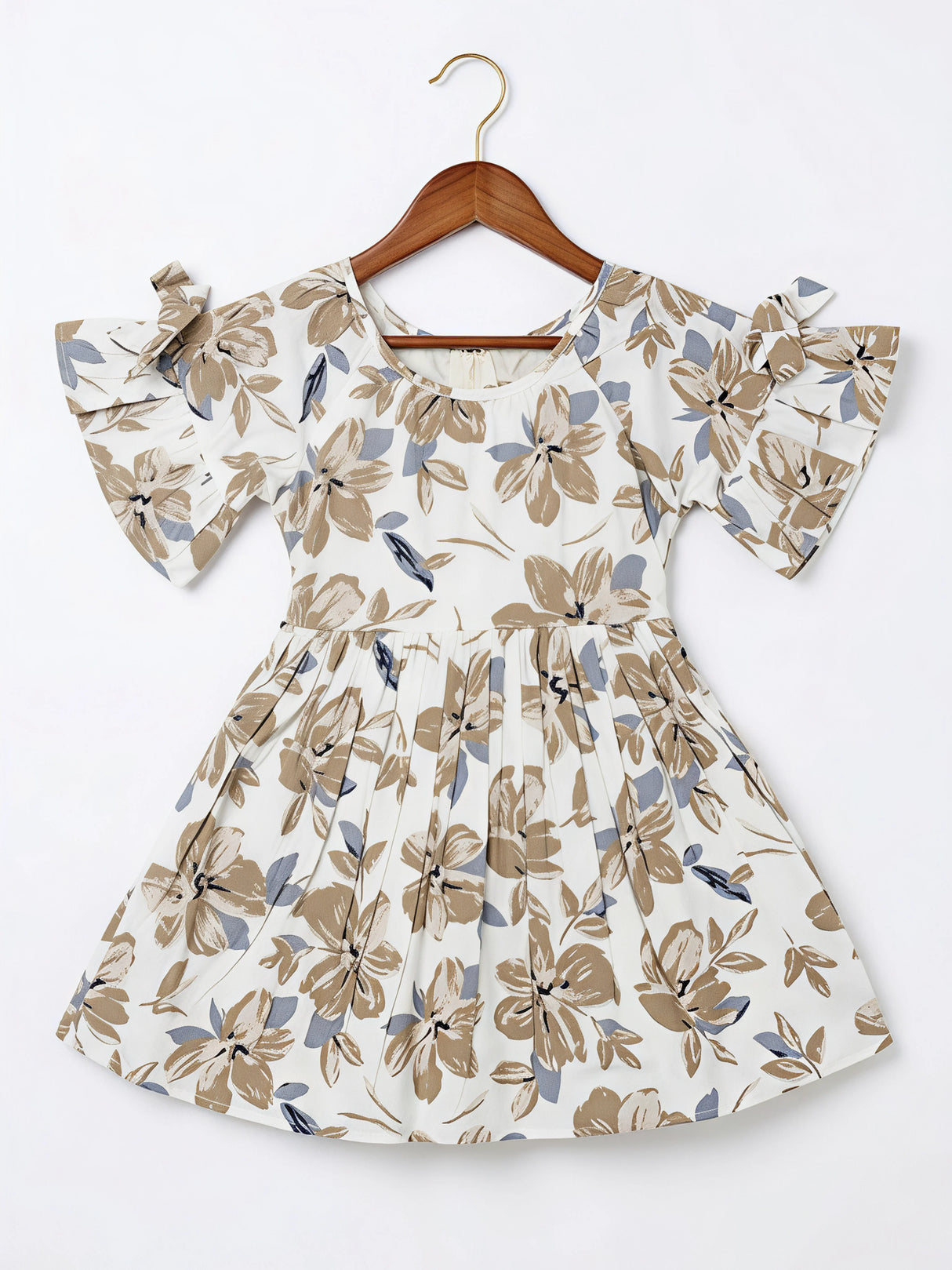 Cream Floral Cold-Shoulder Frock for Girls