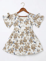 Cream Floral Cold-Shoulder Frock for Girls