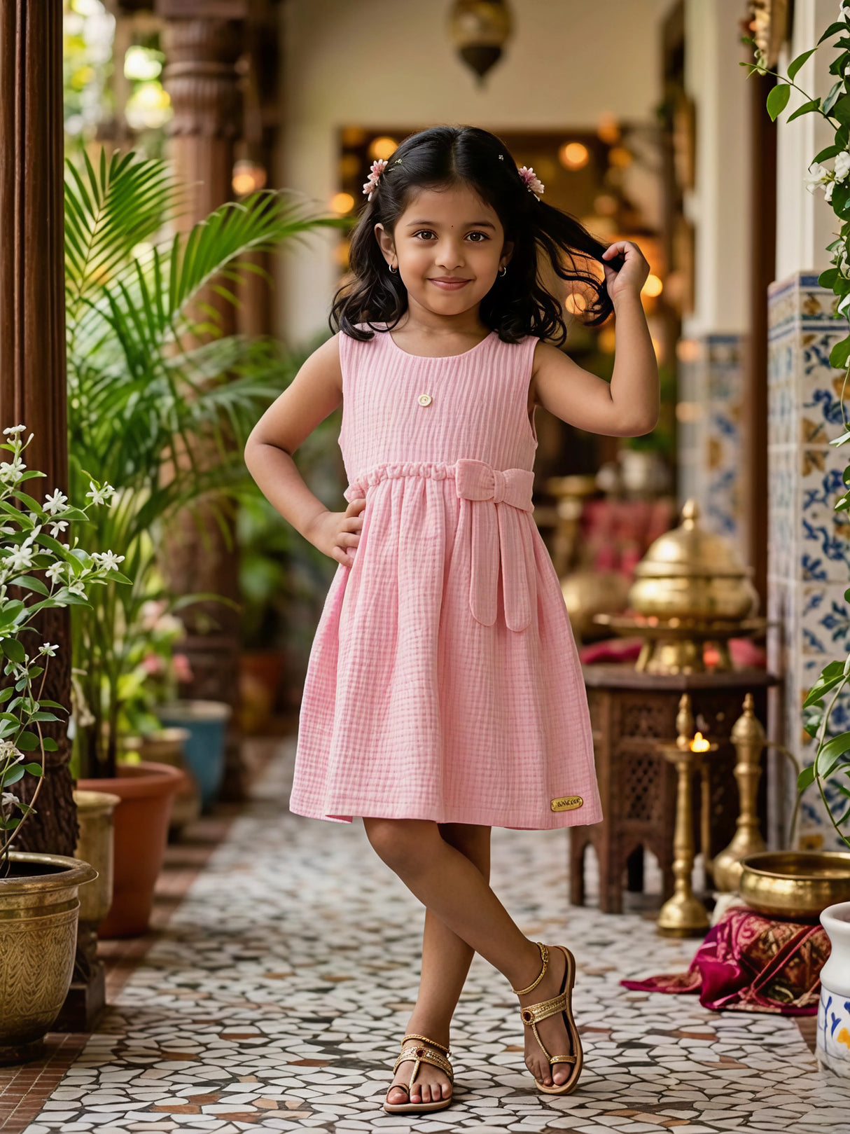 Girls' Pastel Pink Textured Cotton Frock with Bow Detail