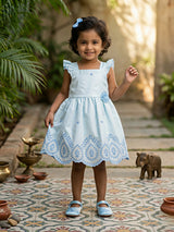 Little Blossom Blue Embroidered Cotton Frock with Ruffle Sleeves