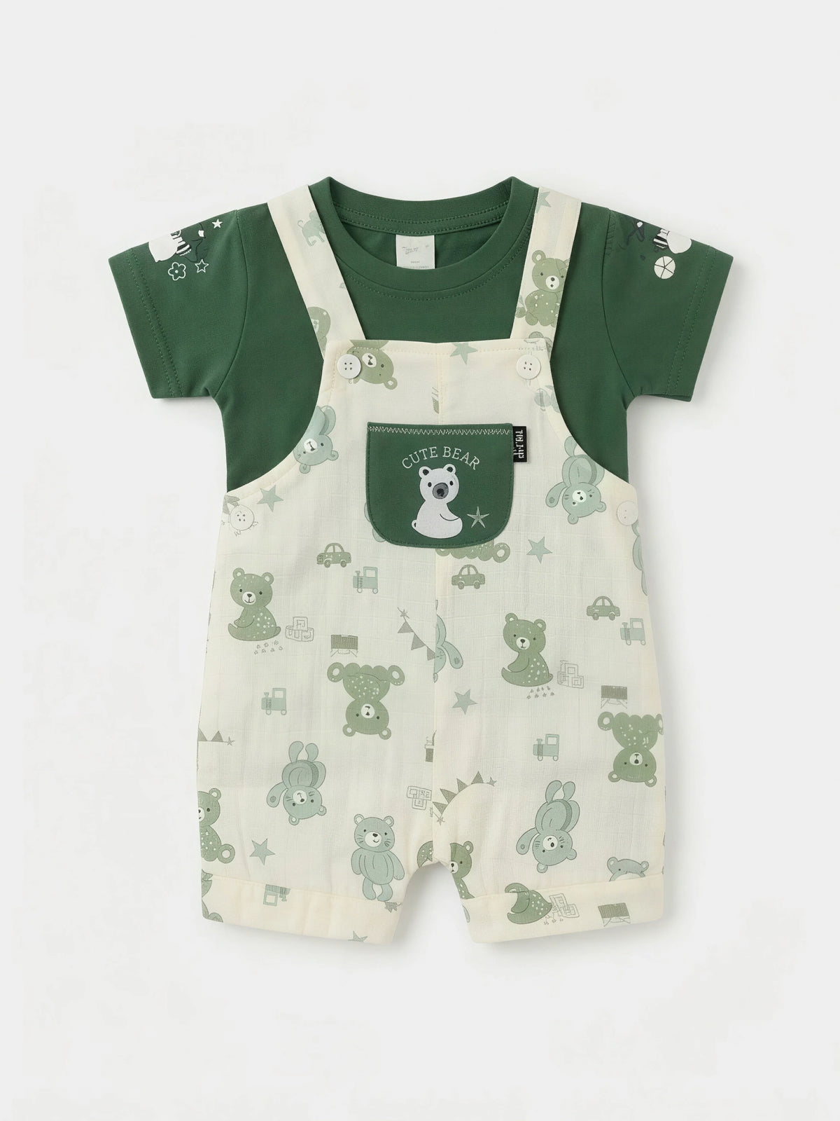 Infant Boys Green Teddy Print Dungaree Set.