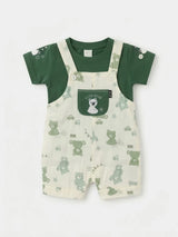 Infant Boys Green Teddy Print Dungaree Set.