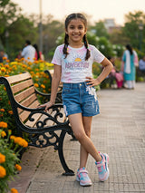 Girls Navy Blue Embroidered Denim Shorts.