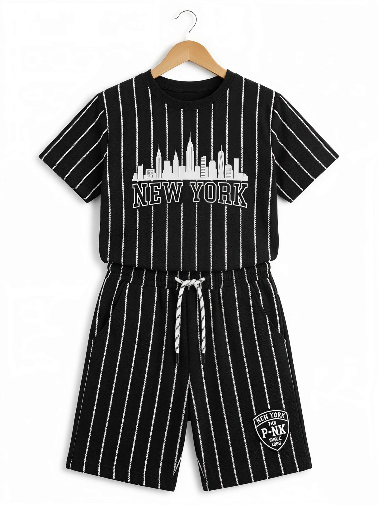 Boys Black New York Pinstripe Cotton Co-ord Set.