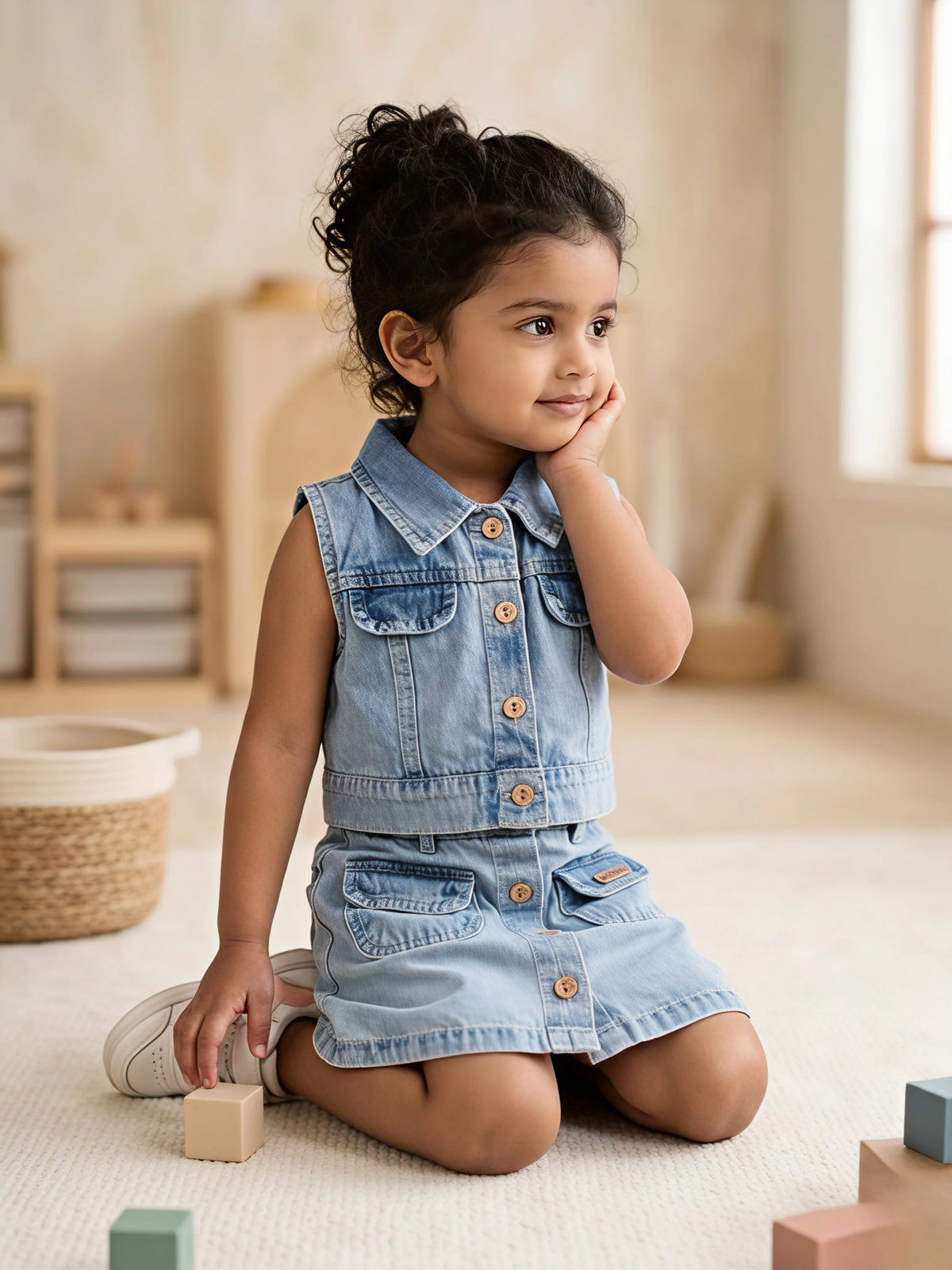 Girls' Sleeveless Denim Vest and Button-Front Skirt Co-ord Set - Light Blue