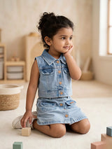 Girls' Sleeveless Denim Vest and Button-Front Skirt Co-ord Set - Light Blue
