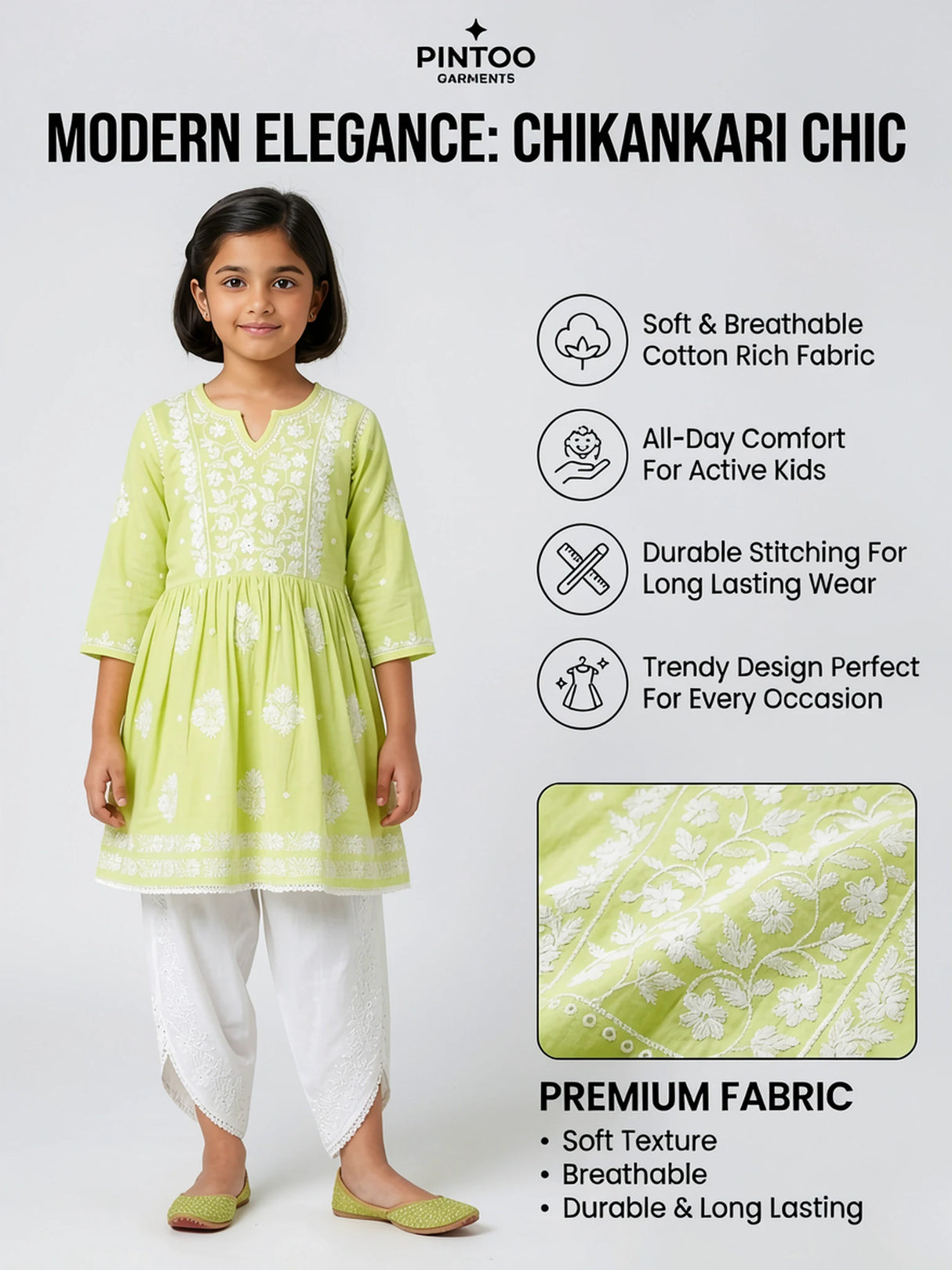 Girls' Lime Green Chikankari Embroidered Dhoti Set ()