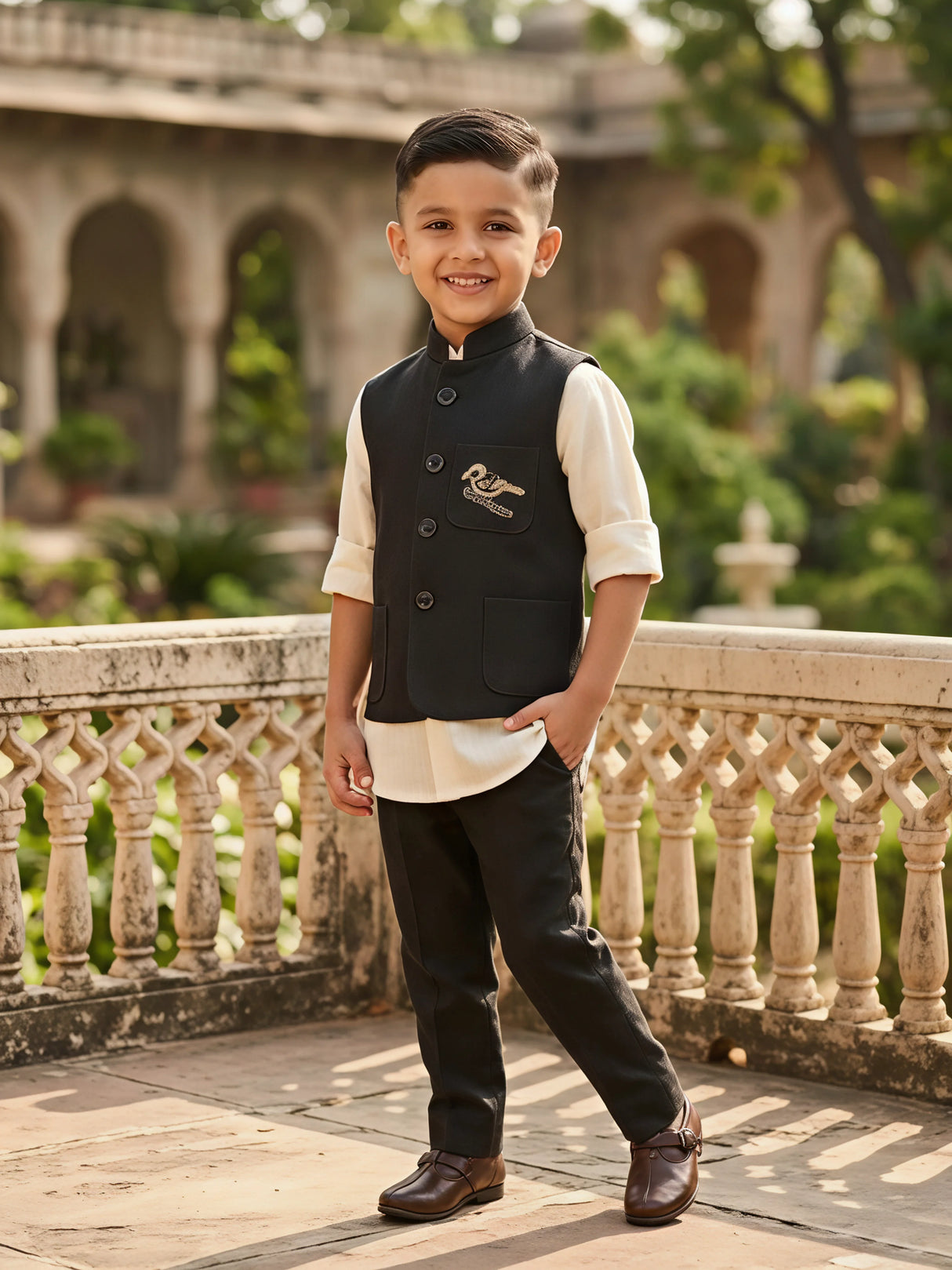 Boys Cream Shirt & Navy Blue Waistcoat Set