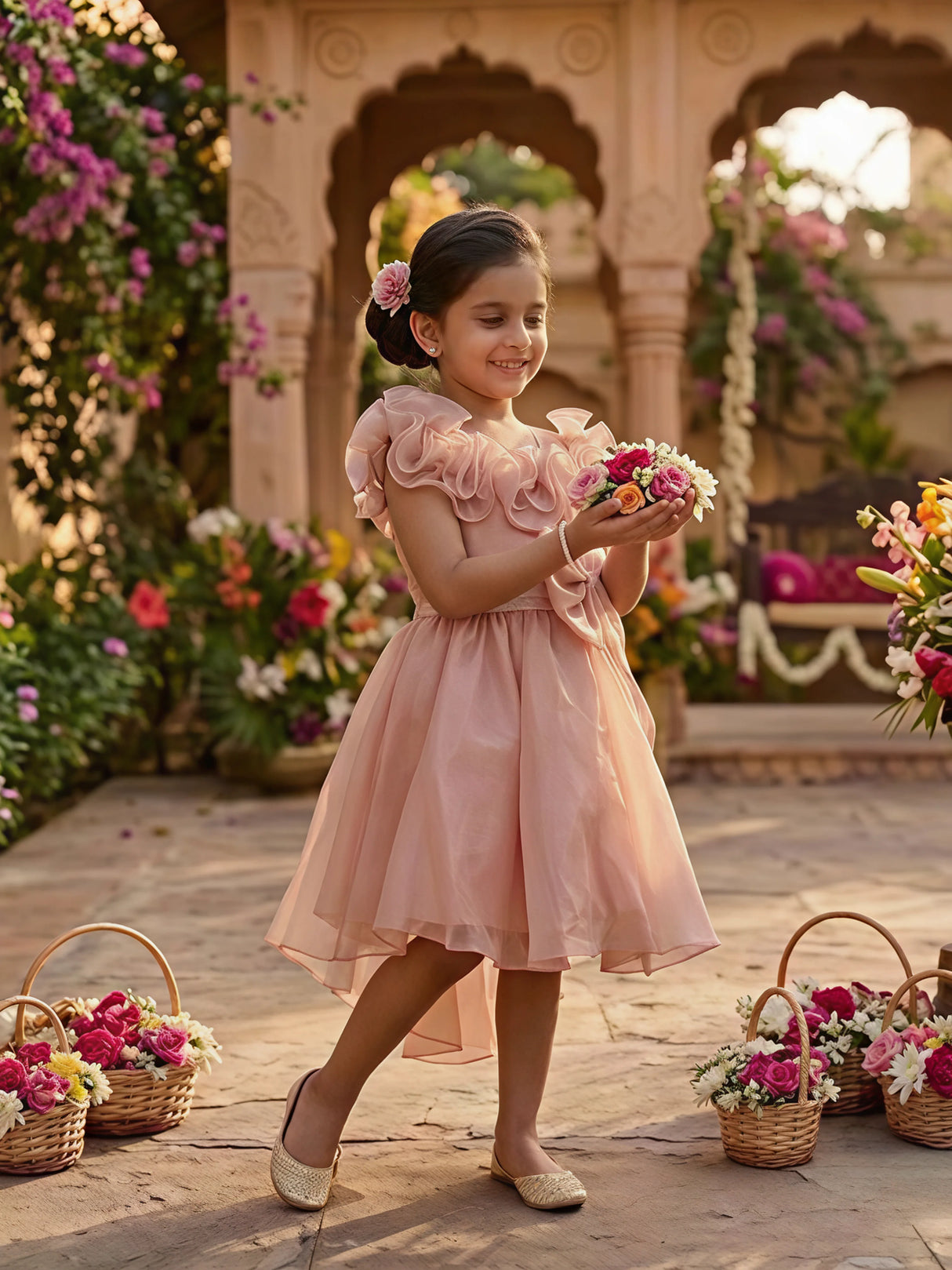 Elegant Brown Ruffle Party Frock for Girls