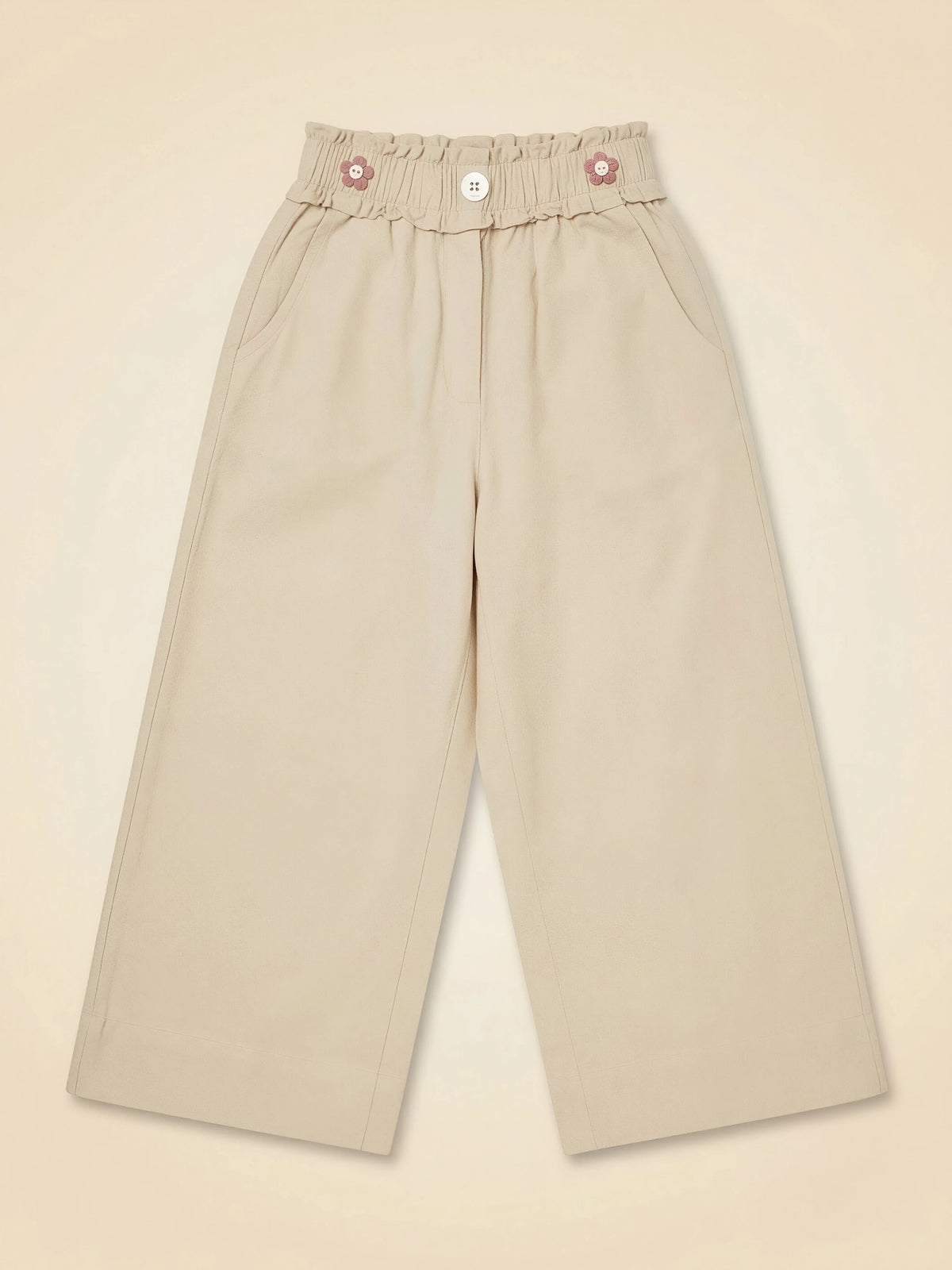 Girls Cream Paperbag Waist Casual Trousers