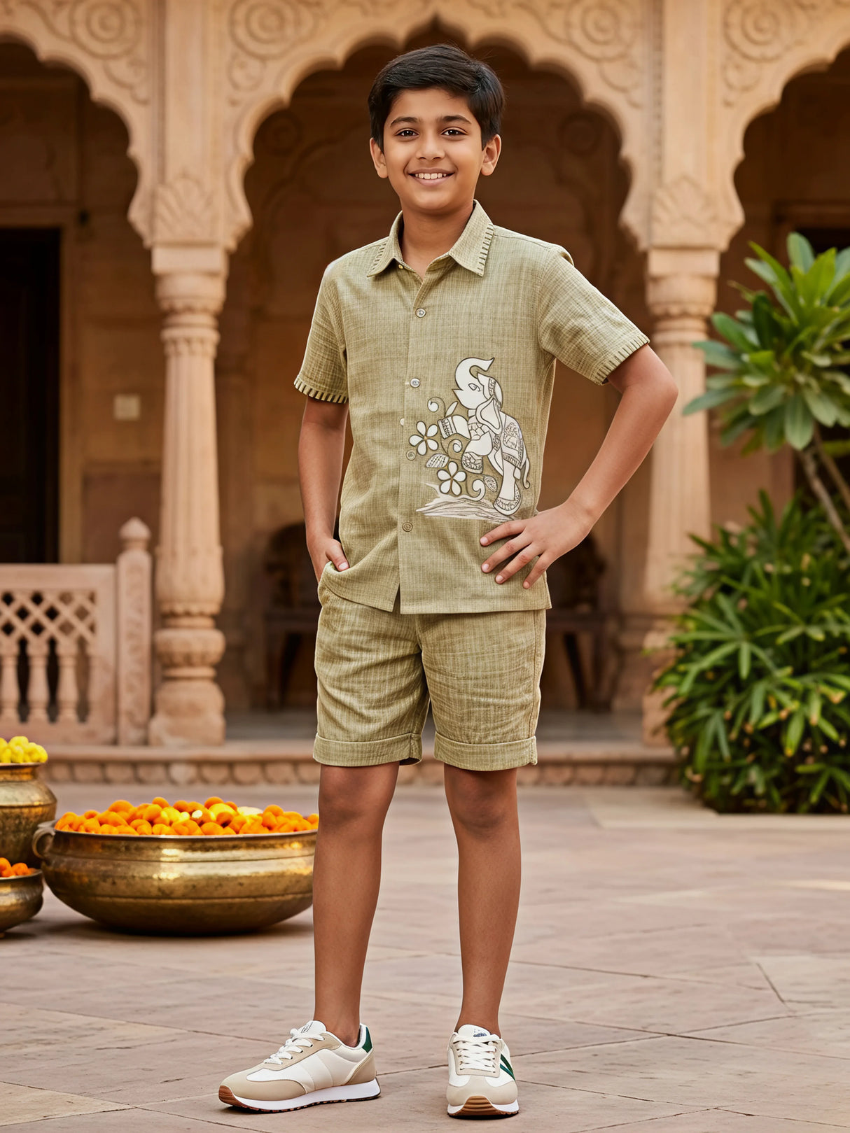 Boys Sage Green Elephant Print Co-ord Set.