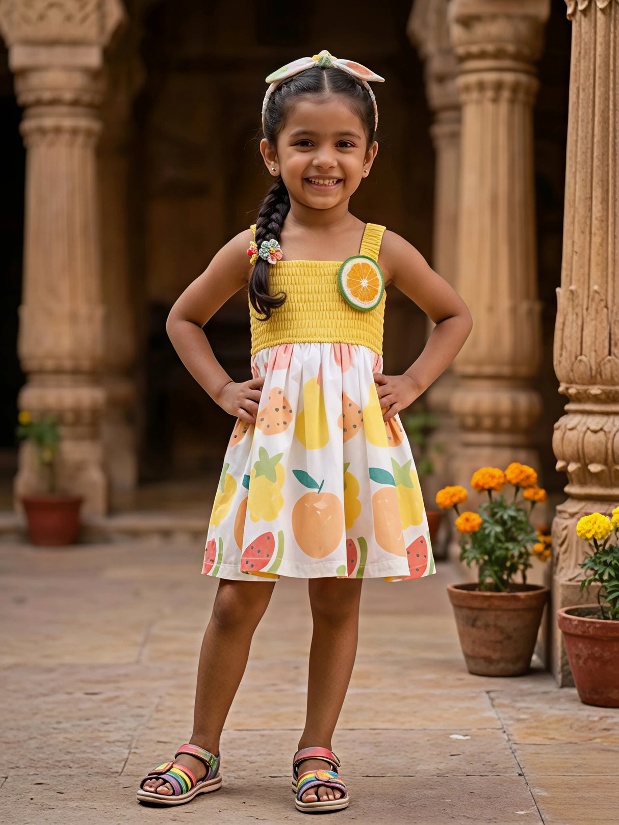 Girls Vibrant Yellow Smocked Cotton Frock with Fruit Print