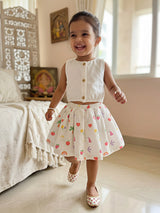 Girls' White Linen-Blend Button Crop Top & Printed Skirt Set