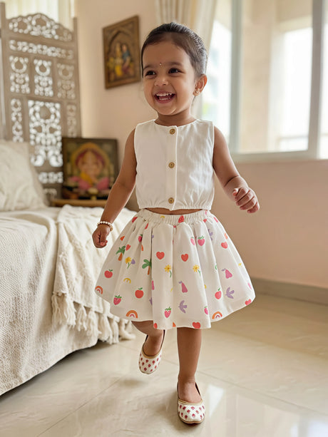 Girls' White Linen-Blend Button Crop Top & Printed Skirt Set