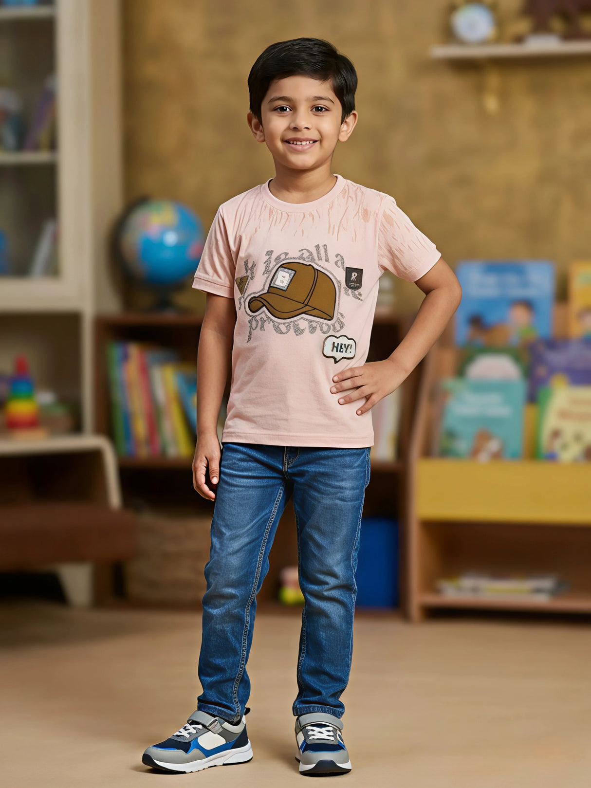 Boys' Peach Graphic Print Cotton T-Shirt