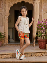 Girls Cream Ruffle Top & Floral Print Shorts Two-Piece Set.