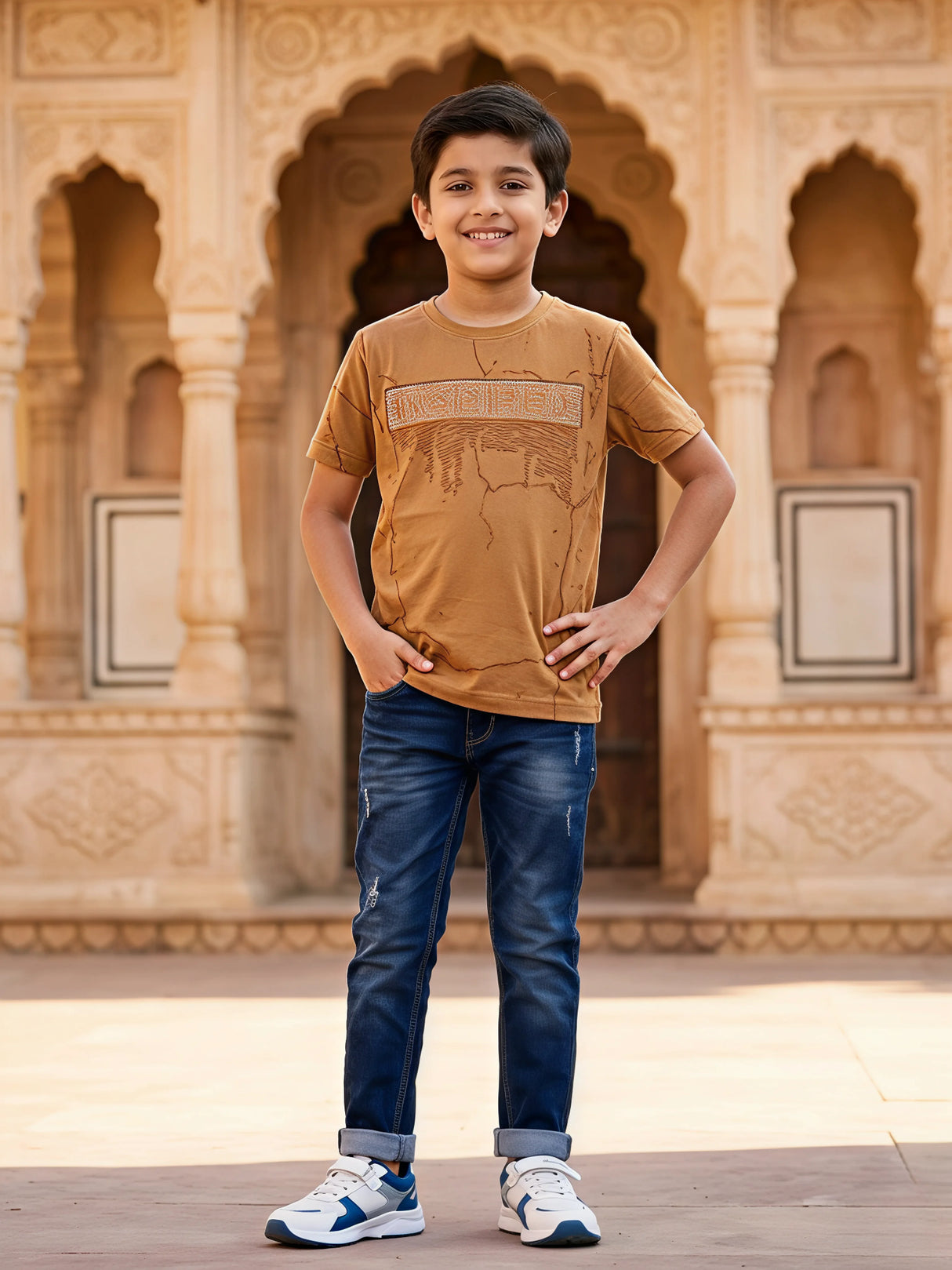 Boys Earthy Brown Graphic Cotton T-Shirt