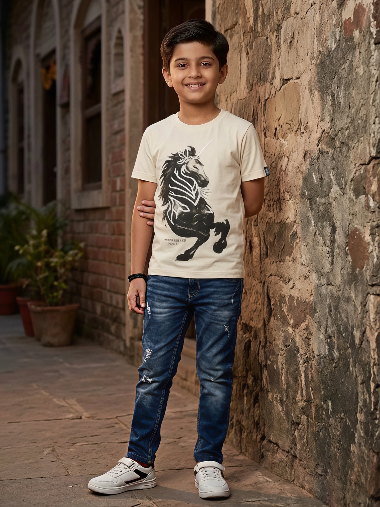 Boys Cream Unicorn Graphic T-Shirt