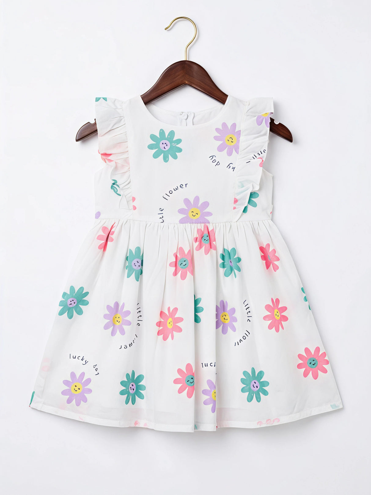 Girls White Floral Ruffle Cotton Frock