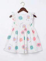 Girls White Floral Ruffle Cotton Frock