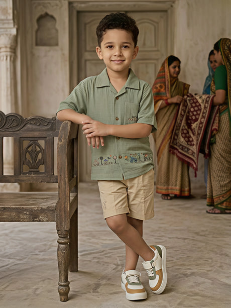 Boys Sage Green Textured Cotton Co-ord Set