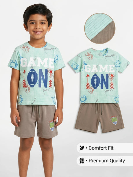 Boys Mint Green Game On Printed T-Shirt and Shorts Co-ord Set