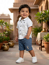 Boys Blue Safari Print Cotton Shirt and Shorts Co-ord Set