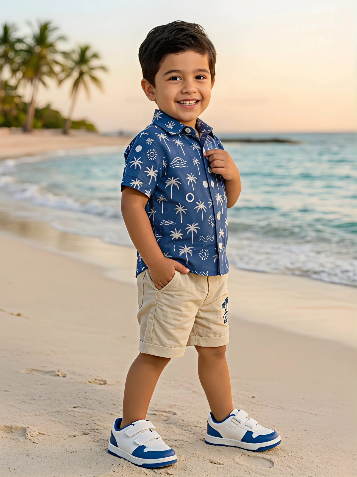 Boys Blue Tropical Palm Print Shirt and Shorts Coordinate Set