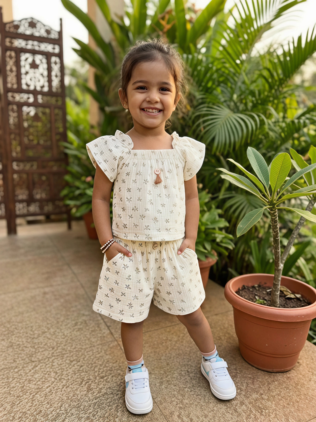 Elegant Floral Print Cream Cotton Co-ord Set