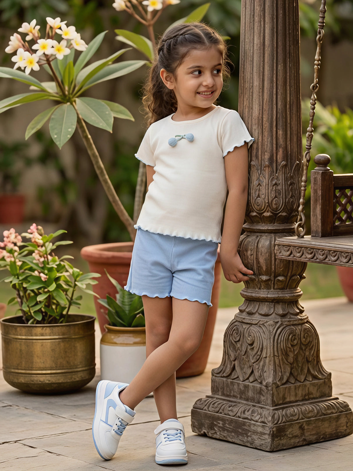 Girls' Ribbed Cotton Cream & Sky Blue Cherry Coordinate Set