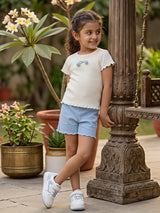 Girls' Ribbed Cotton Cream & Sky Blue Cherry Coordinate Set