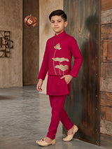 Boys Rani Pink Lotus Embroidered Kurta & Nehru Jacket Set