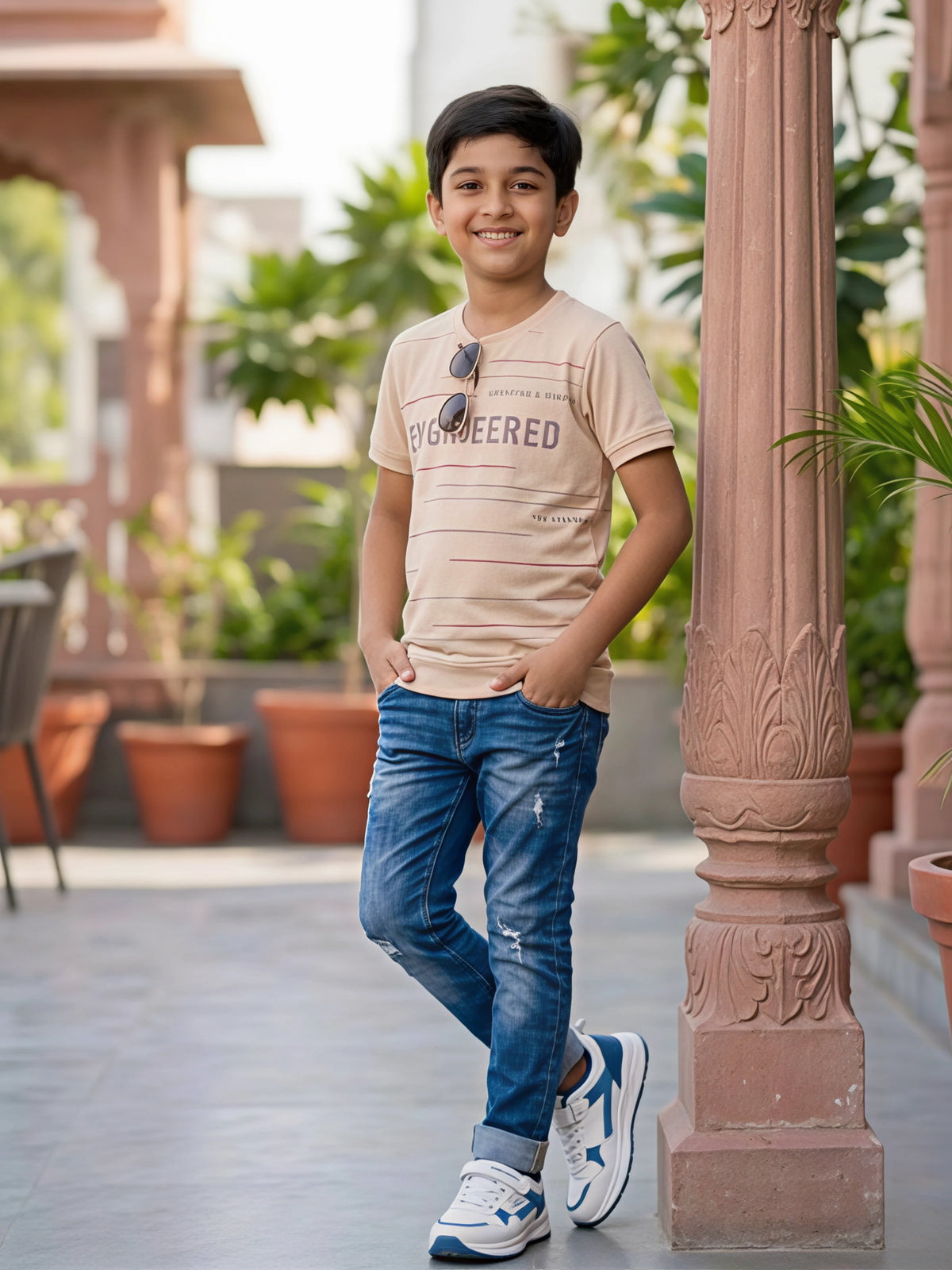 Boys Peach "Engineered" Graphic Ribbed T-Shirt