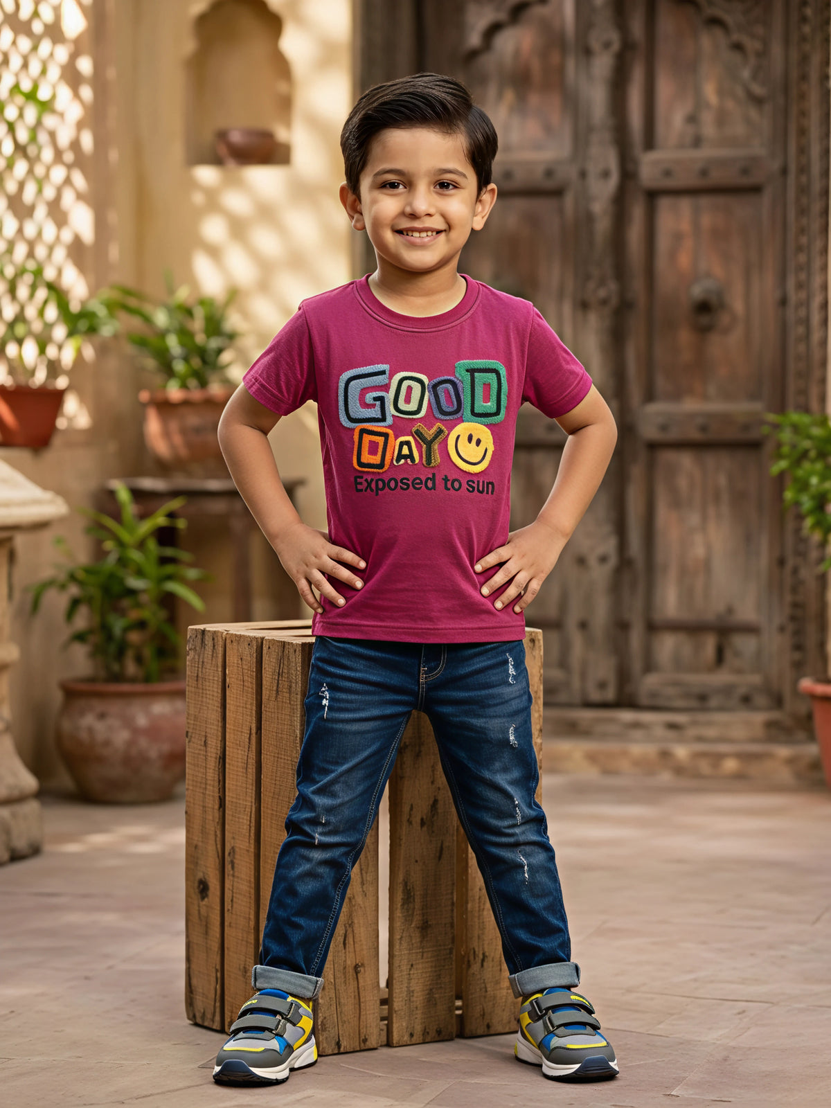 Boys Maroon "Good Day" Graphic Cotton T-Shirt