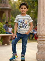 Boys Grey & White Striped Graphic Print Cotton T-Shirt