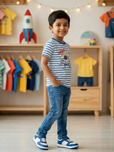 Boys Blue Striped Moon Astronaut Graphic T-Shirt
