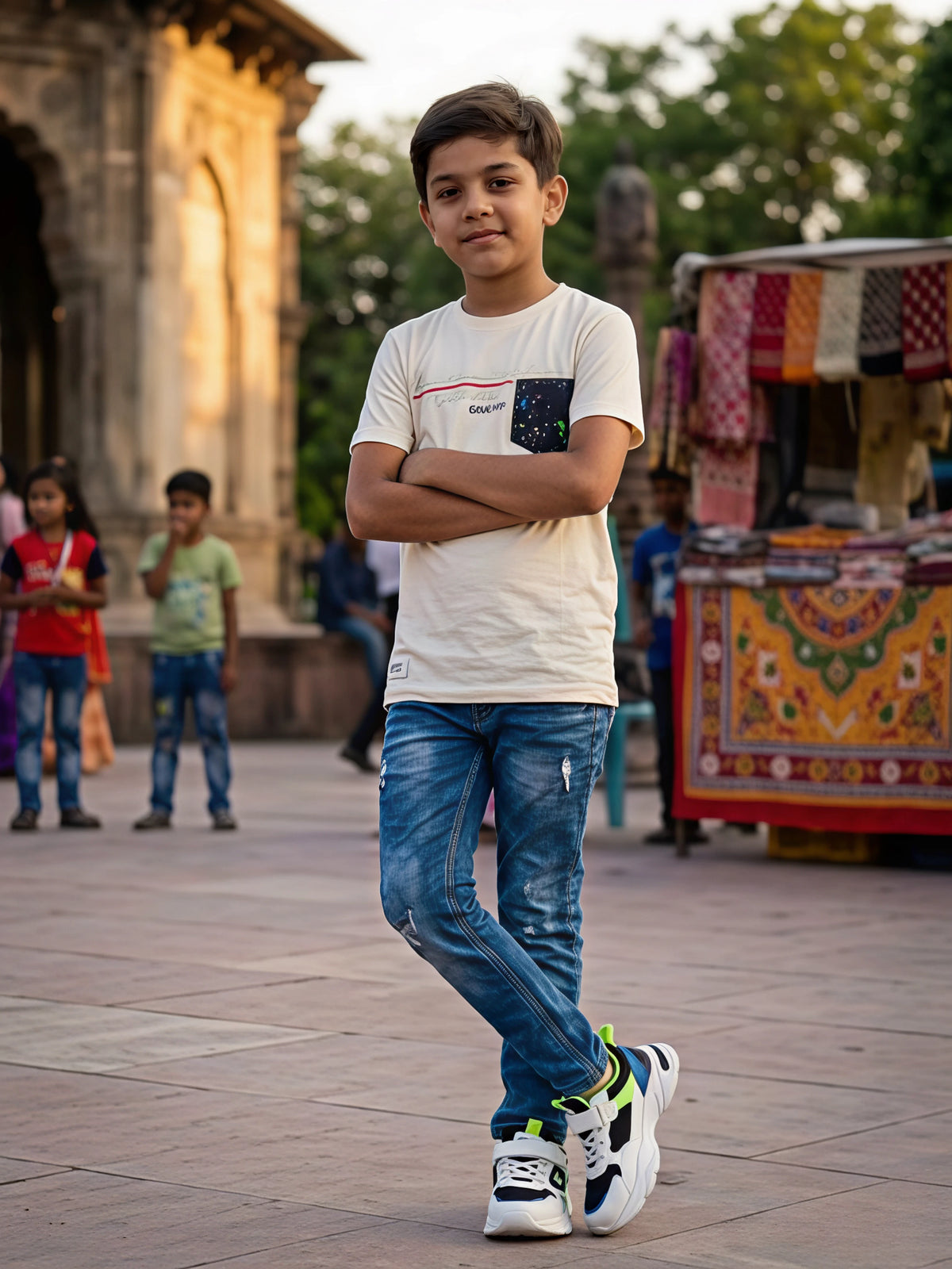 Boys' Elegant Cream Crew Neck T-Shirt with Contrast Pocket