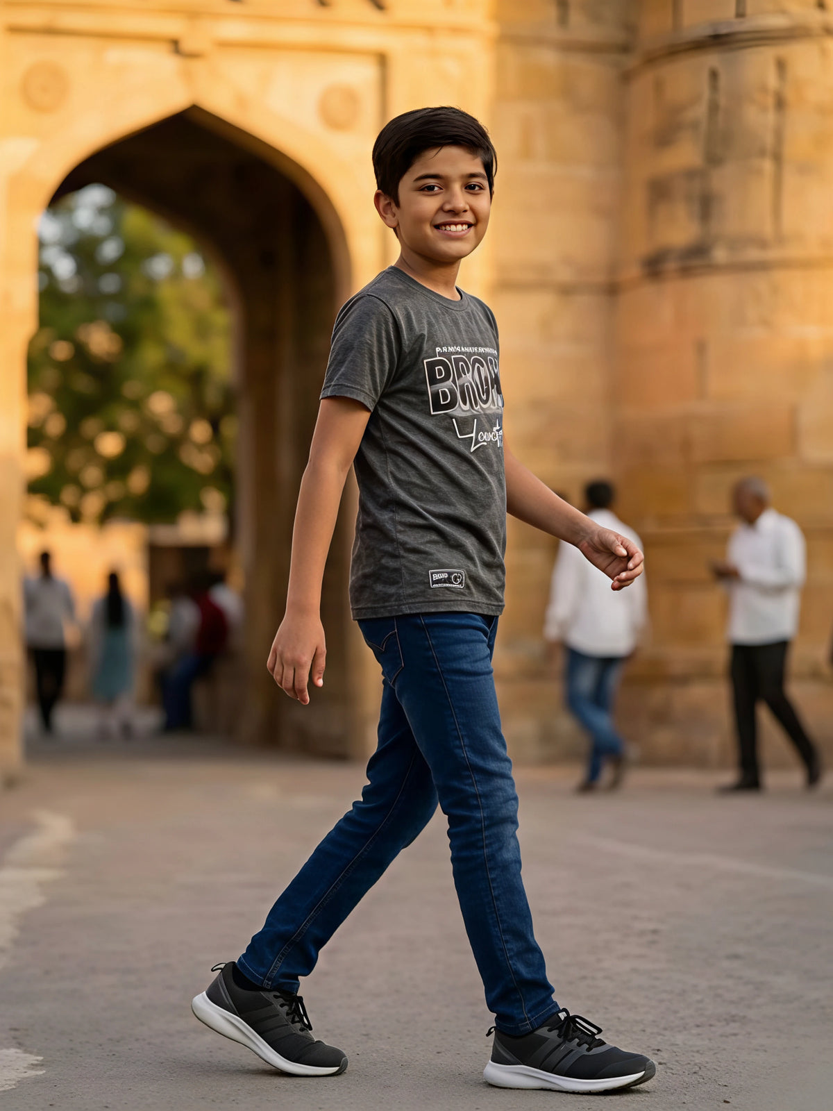 Boys Dark Grey Graphic Print Cotton T-Shirt