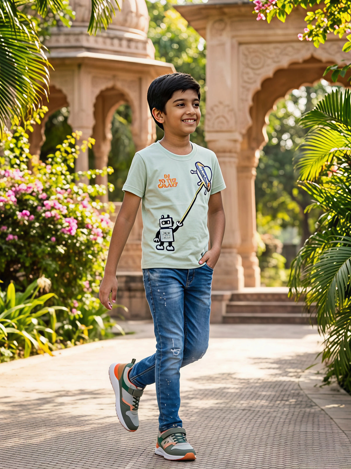 Boys Green Robot Graphic T-Shirt