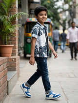 Boys Stylish Blue Graffiti Print Shirt and T-Shirt Set