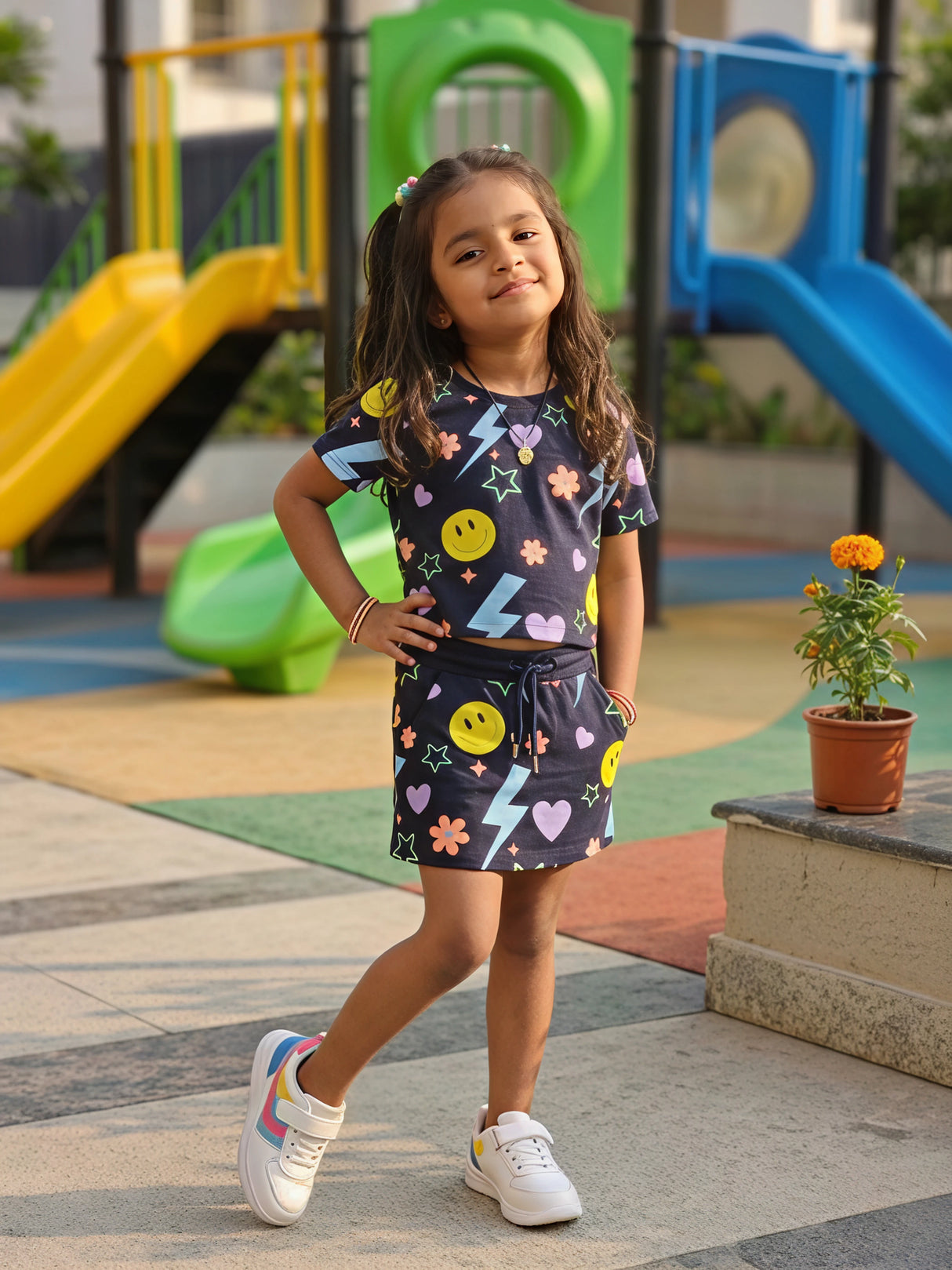 Girls Navy Blue Graphic Print T-Shirt and Skirt Co-ord Set