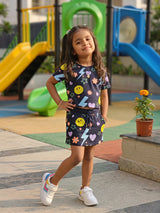 Girls Navy Blue Graphic Print T-Shirt and Skirt Co-ord Set