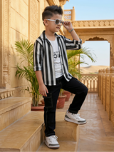 Boys Casual Party Wear Full Sleeves Suit Shirt Set - Black