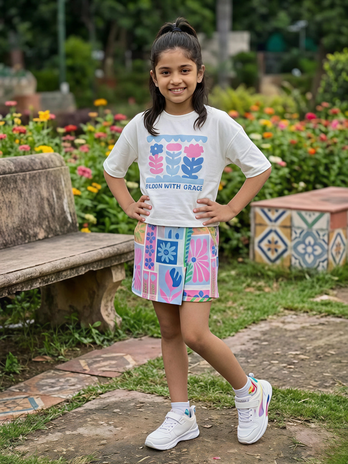 Girls Bloom With Grace Blue Graphic Top and Printed Skirt Set