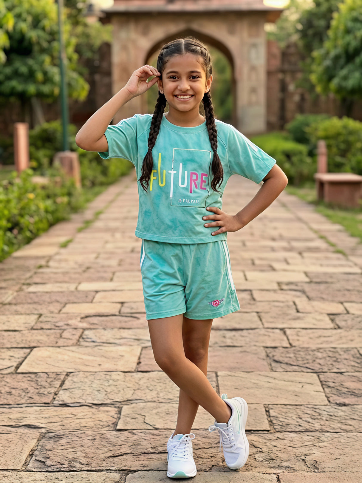 Girls Green "FUTURE" Printed Cotton Blend T-Shirt and Shorts Co-ord Set