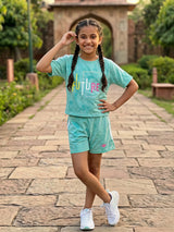 Girls Green "FUTURE" Printed Cotton Blend T-Shirt and Shorts Co-ord Set