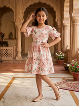 Girls Peach Floral Print Cotton Frock with Bow Sleeves