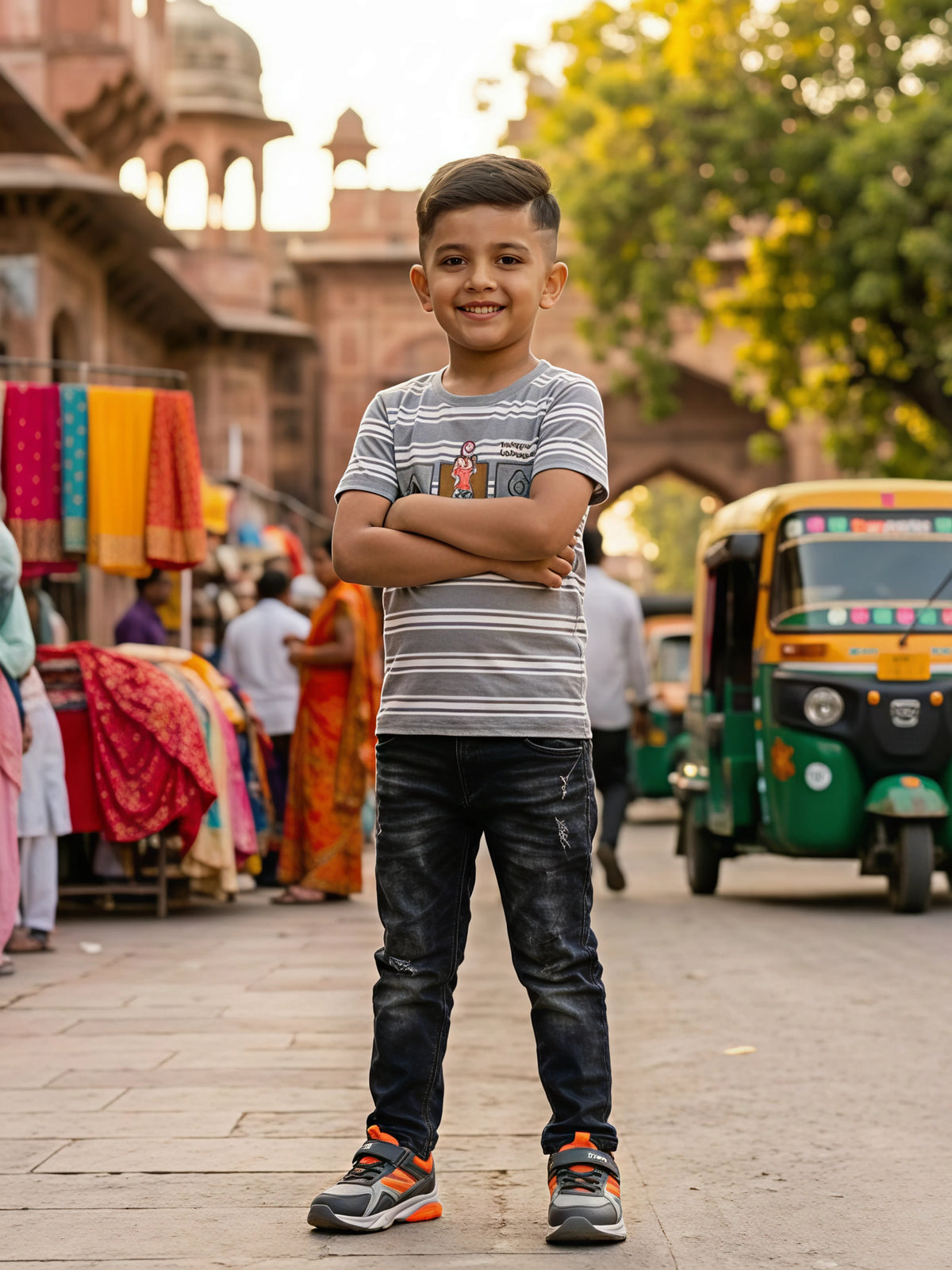 Boys' Casual Grey Striped Graphic T-Shirt