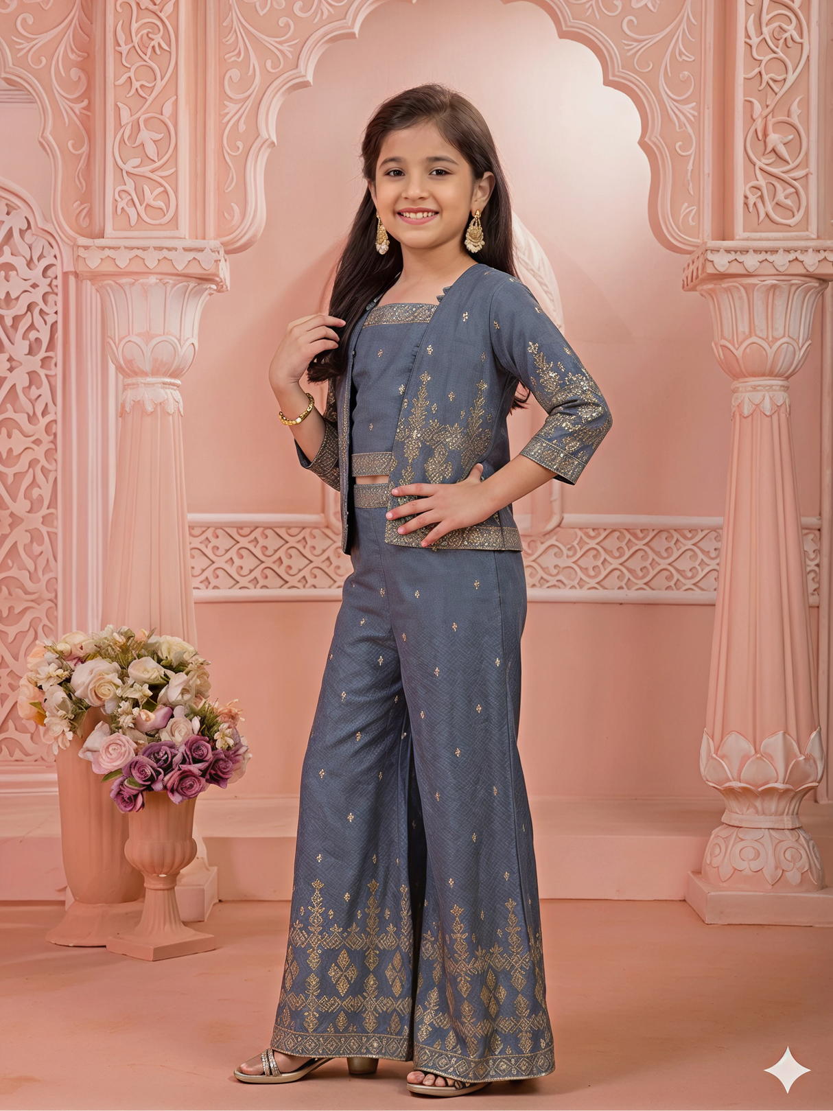 Girls' Deep Teal (Grey) Embroidered Crop Top, Palazzo & Jacket Set
